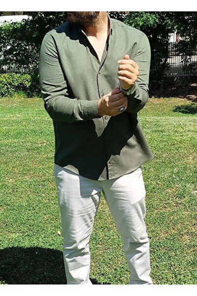 Peille Plus Size Men's Pocketless Khaki Color Cotton Linen Shirt