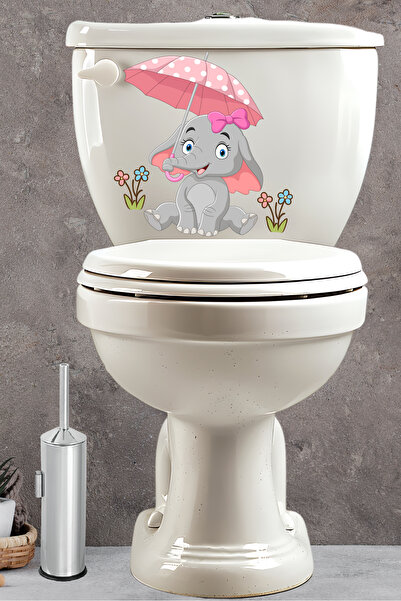 Echo Home Pembe Şemsiyeli Sevimli Minik Fil Klozet Sticker Banyo Sticker