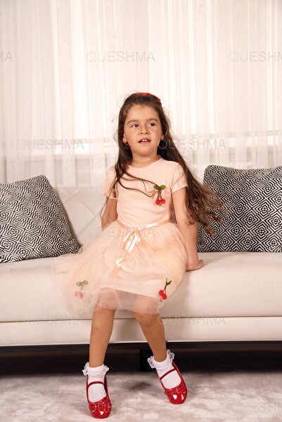 QUESHMA فستان بناتي من التول مبطن بالكرز من موبايل