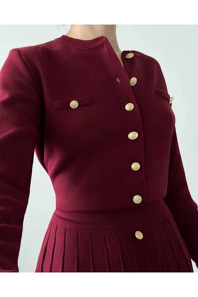Cistern İstanbul Women's Burgundy Gold Button Detailed Cardigan Skirt Knitwear Double Set