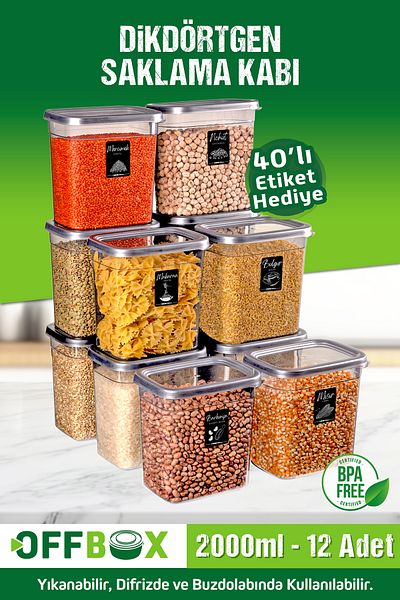 OFFBOX 2 Liter Rectangular Spice Rack Pulses Storage Box - Dowry Set with 12 Pieces of 40 Labels as a Gift