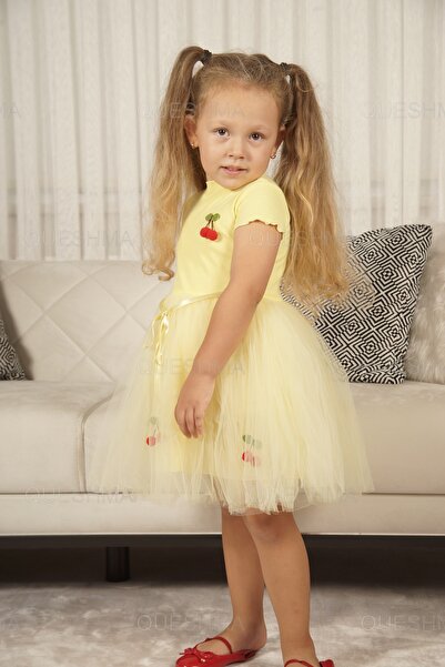 QUESHMA فستان بناتي من التول مبطن بالكرز من موبايل