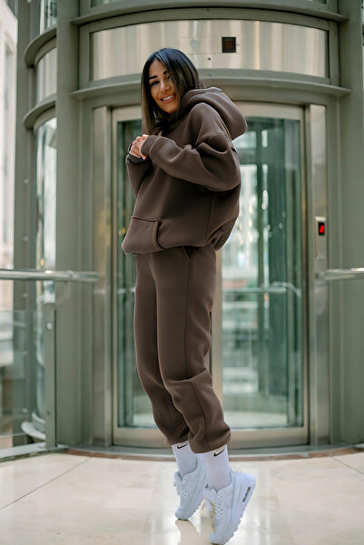 YAKAMEL Kadın 3 İplik İçi Puf Rahat Kalın Kapşonlu Kaliteli Eşofman Takımı