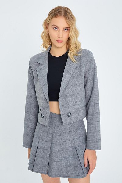 Mixray 4581 Model Gri Jachetă în carouri pentru femei