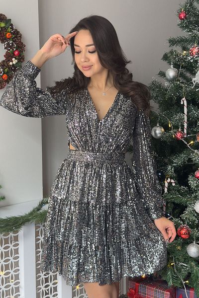 zks grup tekstil Μίνι βραδινό φόρεμα Silver Saks Beige με παγιέτες και χαμηλή πλάτη