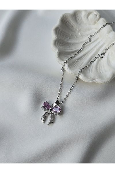 ULYOS PONIS Coquette Bow Zircon Stone Thin Chain Vip Women's Stainless Steel Tarnish Free Steel Necklace
