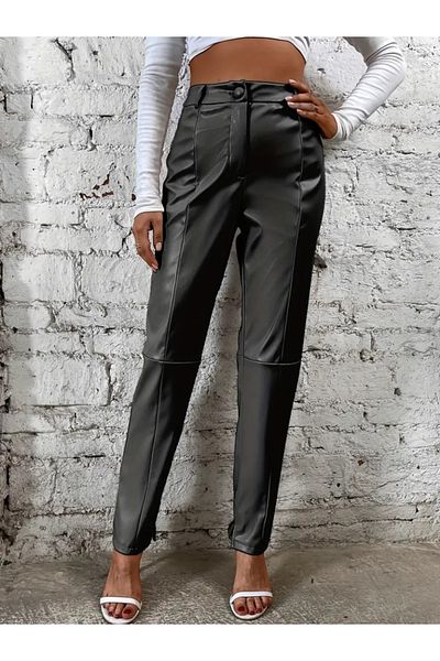 JANES Women's High Waist Front Button Leather Pants