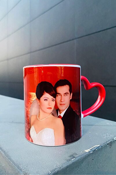 Namgo Yaprak Dökümü Şevket Ferhunde Kalp Kulplu Kırmızı Porselen Kupa Bardak