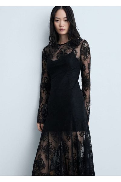 MANGO Woman Rochie lungă din dantelă semitransparentă