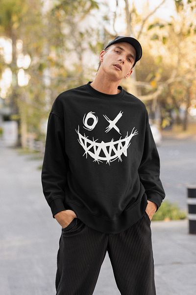 SEVBANO Line Design Smiley Face Printed Unisex Oversize Sweatshirt
