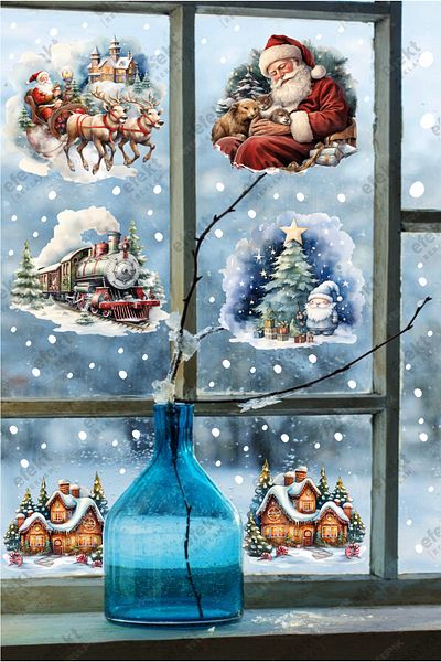 efekt reklam Σετ αυτοκόλλητων Πρωτοχρονιάτικα Snowy Houses Nostalgic Train-Άγιος Βασίλης και Snowflakes