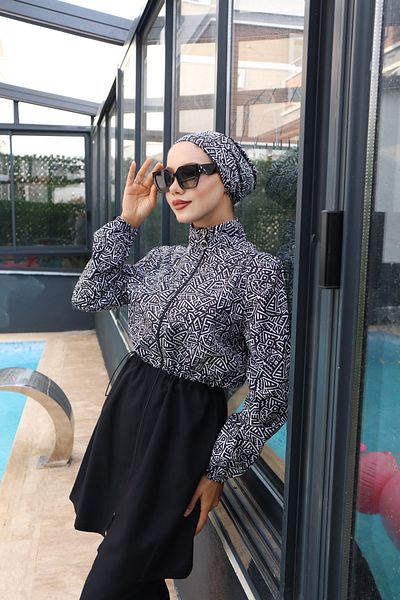 Atelier Lina 3-Piece Full Covered Hijab Swimsuit with Adjustable Elastic Waist, Water Repellent Fabric