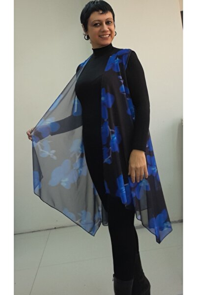 Mertcan Butik Black Blue Rose Print Loose Asymmetrical Silk Gauze Vest