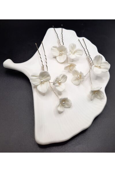 gelin 3 lü porselen çiçek toka seti,incili toka,firkete toka