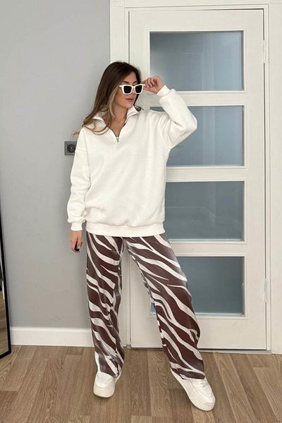 Banu Angay Shiny Zebra Print Brown Fabric Trousers