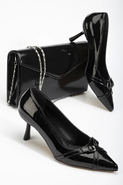 Satenora Valeria Black Patent Leather Stiletto & Bag Set