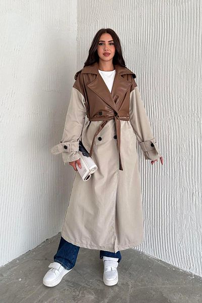 Deafox Brauner zweifarbiger Trenchcoat aus Kunstleder mit Gürtel und Futter