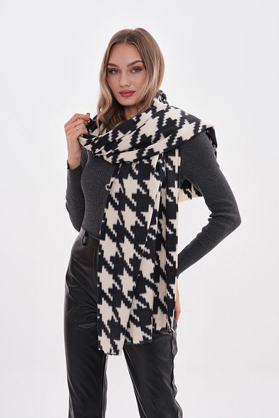 Luminos Butik Limited Edition Imported Houndstooth Patterned Black Wool Boucle Scarf-Shoulder Shawl 5185