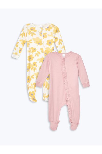 LC Waikiki Lcw Baby Ecru Crew Neck Printed Baby Girl Romper 2 Pcs
