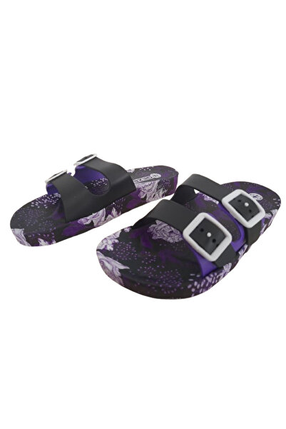 GEZER Papuci de mers zilnic pentru femei, negru-violet, cu model floral, cu cataramă dublă, talpă anti-alunecare
