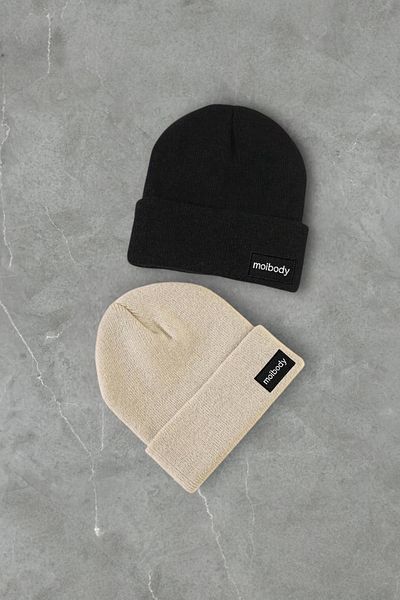 Moibody Premium Basic 2-Pece Beanie - 100% Acrylic, Μαύρο Μπεζ