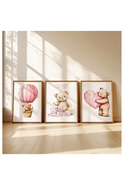 Home 3'lü Pudra Pembesi, Yumoş Ayıcığı Seti Çocuk ve bebek Odası 3'lü Çerçevesiz Poster Seti