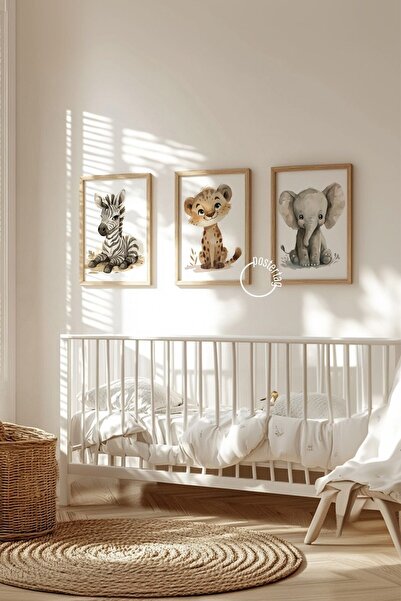 Home Safari Hayvan Tasarımlı Çocuk ve bebek Odası 3'lü Çerçevesiz Poster Seti...