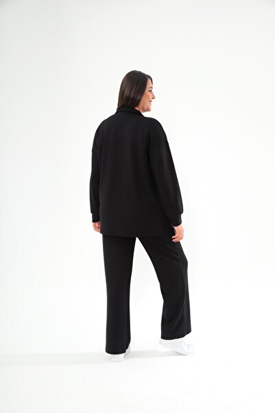 Ebsumu Women's Plus Size Sho Fabric Polo Neck Black Tracksuit Set