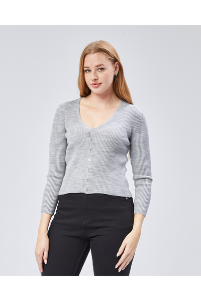 MA ananas سترة نسائية رمادية بأكمام طويلة وأزرار