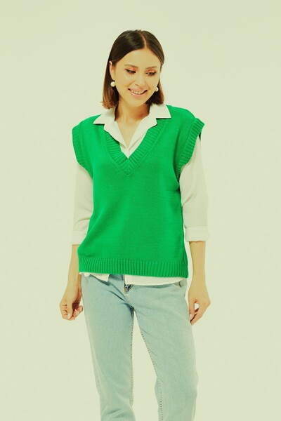 MODA Kadın V Yaka Düz Triko Süveter