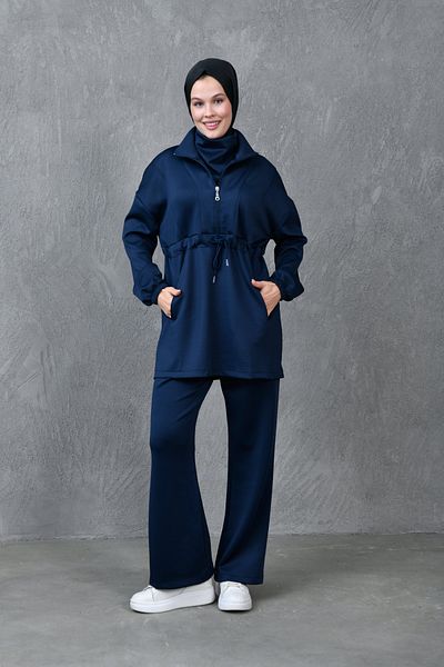 4S1B FASHION Diving Fabric Pocket Detailed Zippered Oversize Hijab Clothing Navy Blue Tracksuit Set 1024