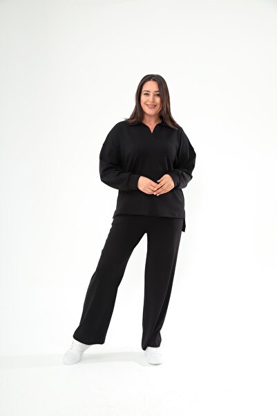 Ebsumu Women's Plus Size Sho Fabric Polo Neck Black Tracksuit Set