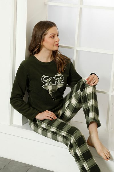 shopshop Women's Winter Deer Detailed Plaid Warm Welsoft Fleece Pajamas Set