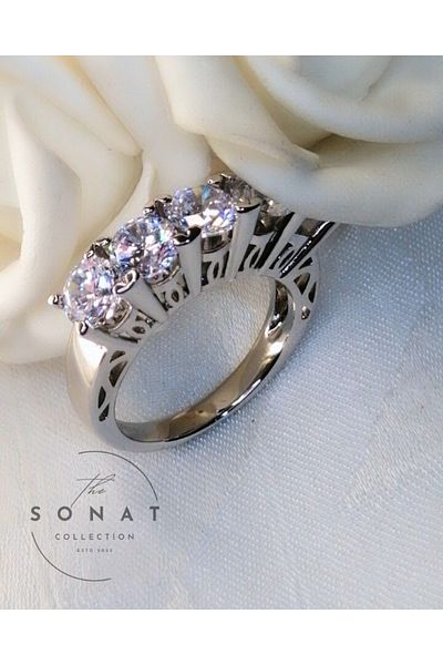 Sonat Collection Vip Series - Silver Color Zircon 5 Stone Ring That Does Not Fade, Tarnish and Allergy Free