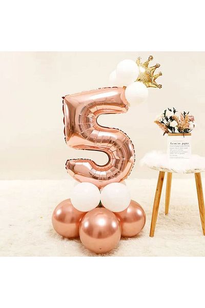 DÜVENCİ TİCARET Rose Gold King Crown Number Foil Age Balloon Set