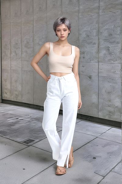 SHEVEGA White Wide Leg High Waist Loose Leg Slit Palazzo Jeans