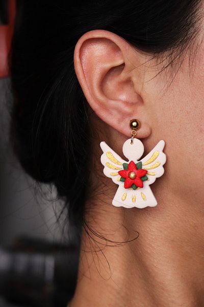 Gizy Store Polymer Clay Poinsettia Detail Angel Earrings Christmas Gift White Women's Earrings with Angel