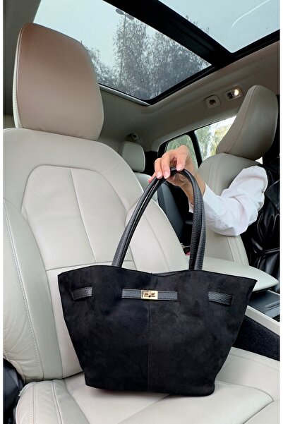 ÇANTAM GELSİN Women's Black Suede Leather Long Strap Magnet Closure Shoulder ...