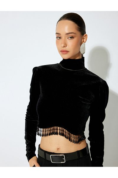 Koton Μακρυμάνικη βάση γιακάς Dangle Stone Λεπτομερής Crop Velvet Μπλούζα