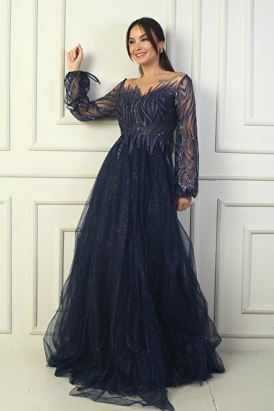 By Saygı Dámské flitrové detailní stříbrné dlouhé večerní šaty se šněrováním na zádech