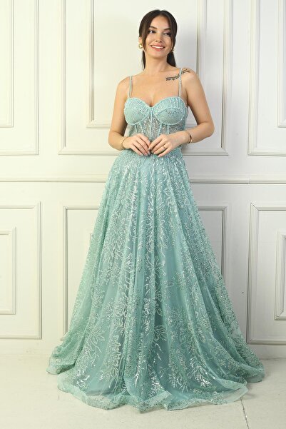 By Saygı فستان سهرة طويل مزين بالترتر ومطرز بالترتر للنساء