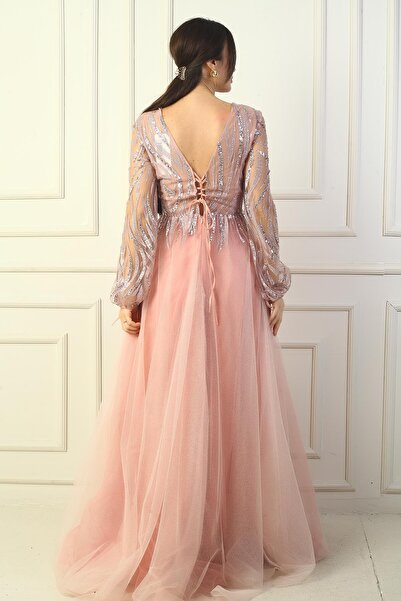 By Saygı Γυναικείο μακρύ βραδινό φόρεμα με παγιέτες με λεπτομέρεια με κορδόνια στην πλάτη