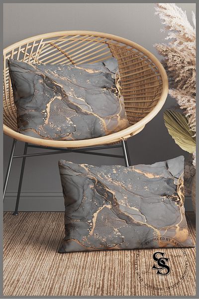 SasoHome Fior De Bosco - Gray Marble Patterned 2-Piece Rectangular Throw Pillow Cover