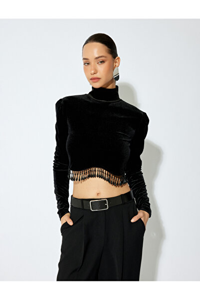 Koton Uzun Kollu Dik Yaka Sallantılı Taş Detaylı Crop Kadife Bluz