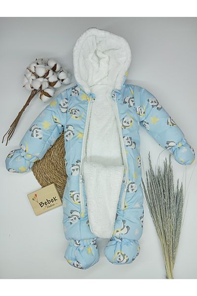 MAİBELLA Panda Patterned Cute Booties Gloves - Wool Hooded Winter Baby Jumpsuit