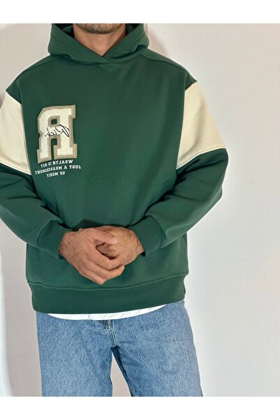 Oversize Göğüs Yazı Nakışlı 3 İplik Şardonlu Kapüşonlu Ördek Yeşili Sweatshirt