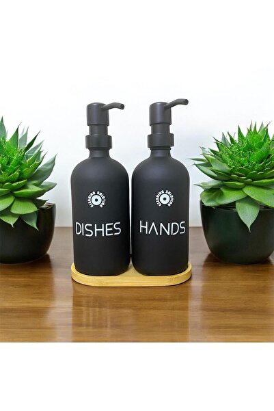 2’li Siyah Mutfak/Banyo Sıvı Sabunluk Seti 500ml 500ml Bambu Tepsili