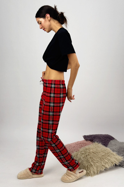 Betimoda Kadın Lastikli Bel %100 Pamuklu Kurdeleli Desenli Pijama Altı Yeni Kırmızı