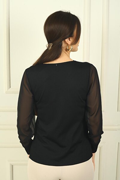 By Saygı Women's Ladder V Neck Sleeves Chiffon Sweater