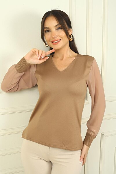 By Saygı Pulover din șifon cu mâneci cu decolteu în V pentru femei